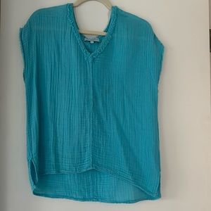 V neck aqua blue gauze top